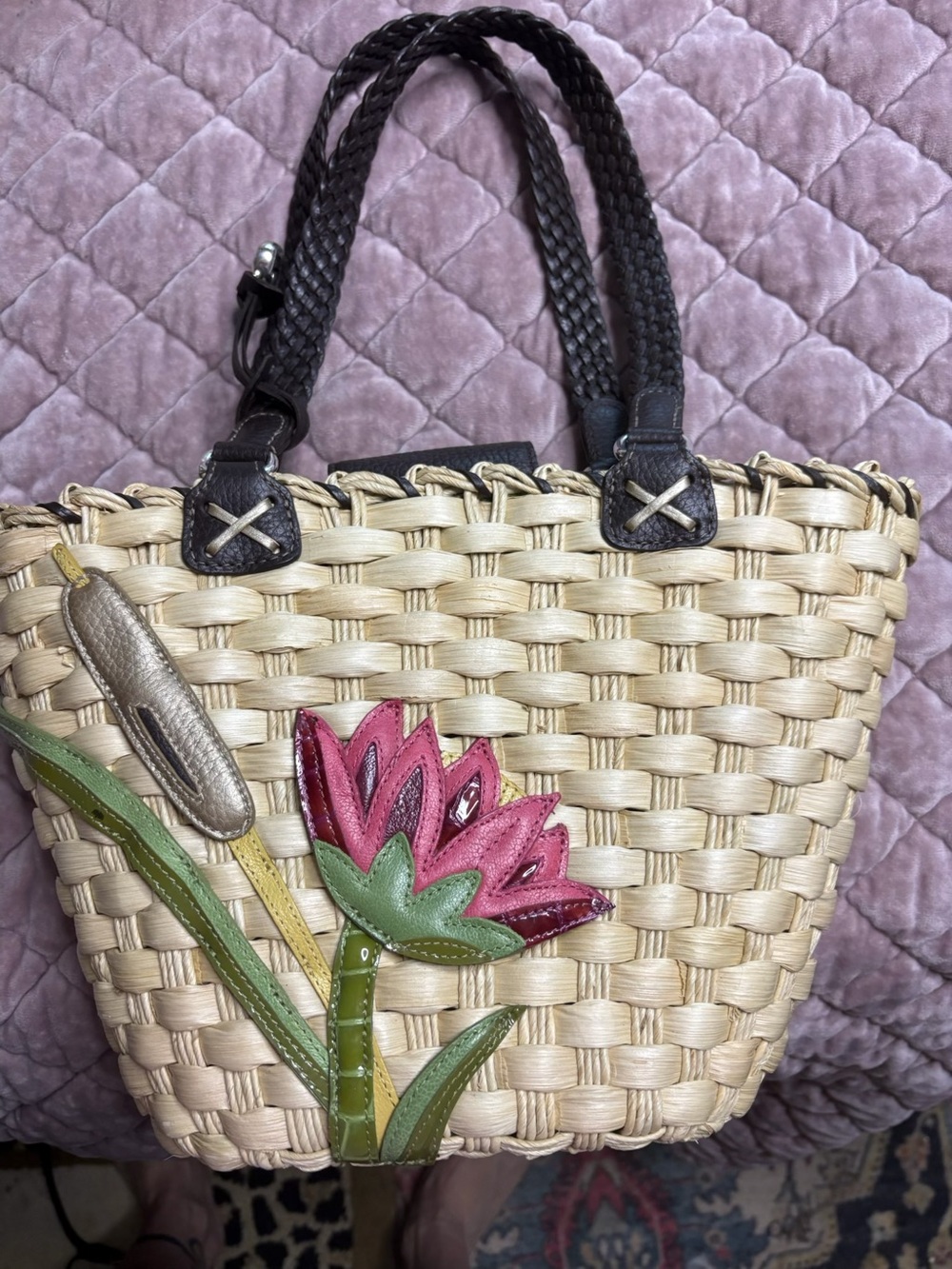 Brighton Beige Straw Tote with Pink & Green Floral Applique